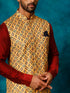 Vastramay Men's Mustard Geometric Printed Nehru Jacket With Curved Kurta And Pant Set